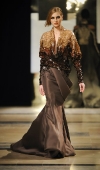 Embroidered flesh-coloured crepe de chine Blouse and draped Bark-coloured gazard skirt.